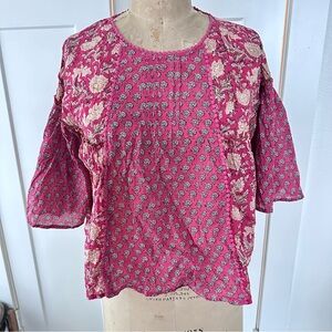 Rachel Zoe Boho Bell Sleeve Peasant Indian block print Top SZ M